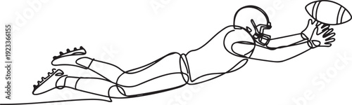 One line drawing of American football player diving and catching the ball.one line vector illustration with out Background