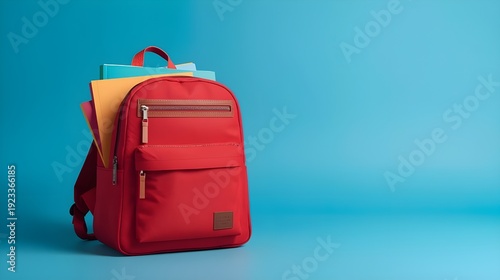 red school bag with books on blue background