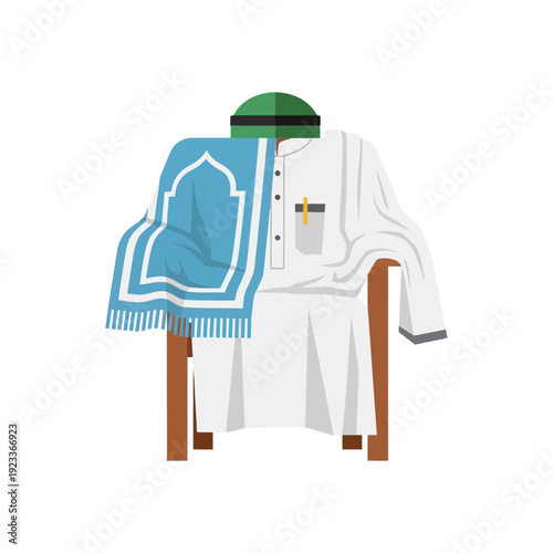 Ramadhan Prayer Attire on Chair with Green Cap and Blue Shawl
