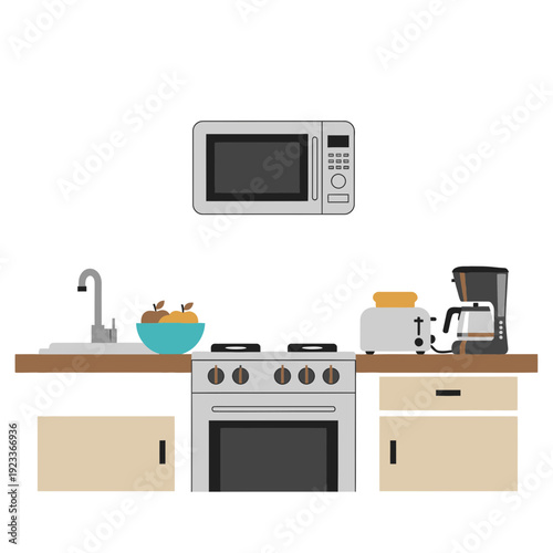 Kitchen countertop with stove, microwave, sink, and appliances viewed from front