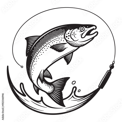 A large fish leaping from water caught on a fishing hook viewed from the side in a serene aquatic environment illustration