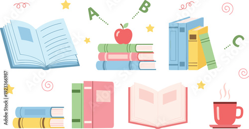 Education and Reading Elements Collection with Books, Open Pages, Apple, and Coffee Cup Illustration Set for School Learning and Study Design