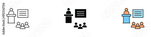 Business presentation and public speaking conference icon vector. Seminar keynote lecture, corporate workshop training, and audience leadership symbol. Vector Illustration.