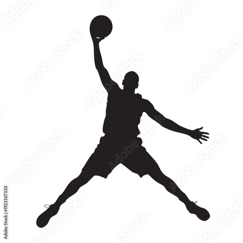 Basketball player in mid-air dunking a ball with athleticism and strength in a sports illustration