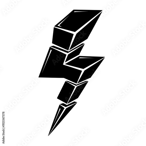 Abstract 3D Lightning Bolt Icon, Black Energy Symbol
