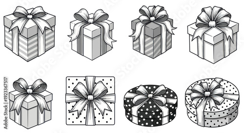 Assorted Gift Boxes with Ribbons and Bows, Black and White Line Art