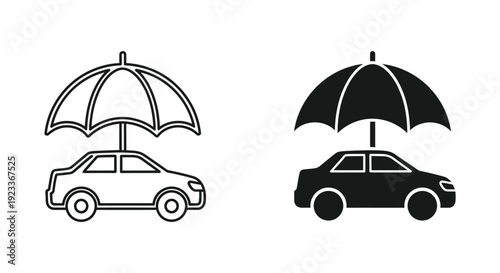 Car insurance and vehicle protection icons featuring a sedan under an umbrella in outline and solid styles for safety and security concepts