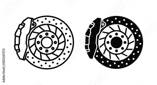 High-performance car disc brake rotor and caliper icons in outline and solid silhouette styles, ideal for automotive repair, racing engineering, and vehicle maintenance branding.