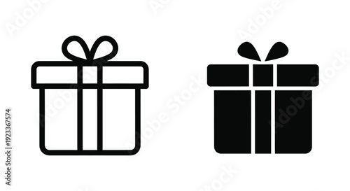 Minimalist gift box icon set featuring outline and solid silhouette styles for holiday shopping, birthday celebrations, and e-commerce reward programs