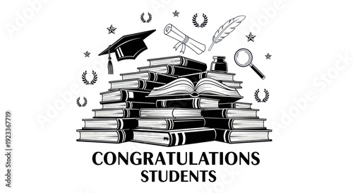 Graduation Celebration Stack of Books with Cap, Diploma, Quill, Magnifying Glass