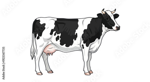 Illustration of a Black and White Holstein Friesian Cow standing isolated