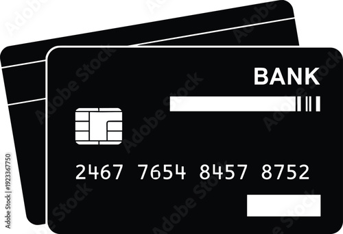 Black bank credit card icon set with chip, magnetic stripe and number layout isolated on white background for secure digital payment concept