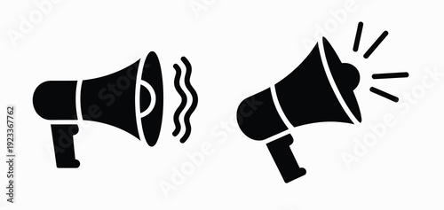 Megaphone Icon Collection, Vector Illustrations in Flat Line Style Representing Advertising Concepts, Sound Symbols, Marketing, and Promotional Communication for Digital and Print Design.