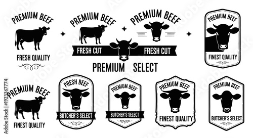 Premium Beef Labels Set: Cow, Butcher, Finest Quality, Fresh Cut Badges