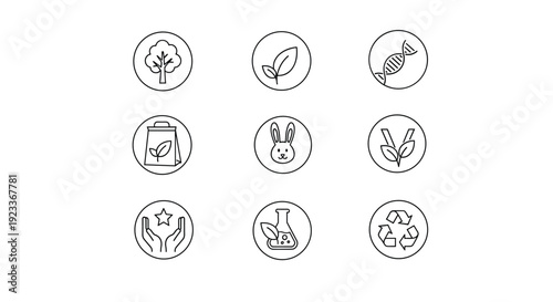Organic and eco-friendly product icons in simple circular frames, highlighting sustainability and ethical choices for modern consumers.