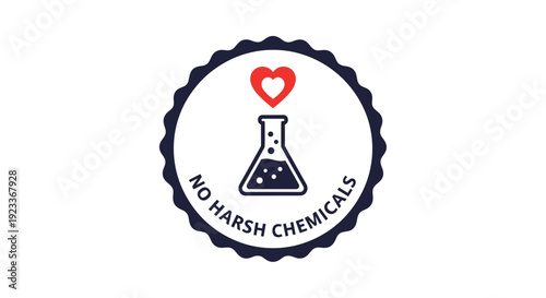 Professional stamp for products with no harsh chemicals, including a beaker and a red heart icon for trusted and safe consumer goods.