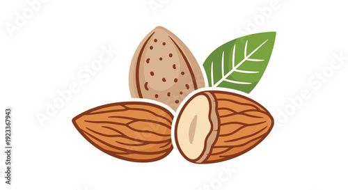 Group of almonds with a green leaf, showcasing natural ingredients and healthy snacks for lifestyle and food-related design projects.