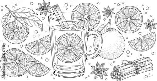 Lemon Drink with Spices Line Art Illustration, Fresh Citrus Beverage Concept for Coloring Book, Menu Design, and Hand Drawn Food Graphics