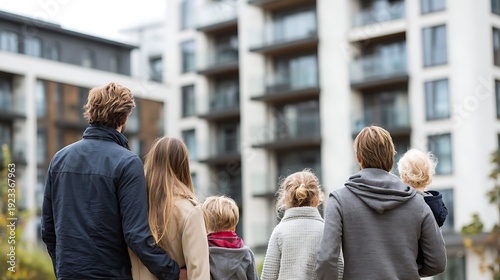 Family viewing modern city apartment buildings