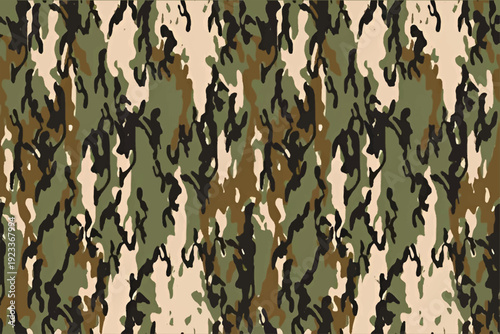 Seamless woodland camouflage pattern featuring organic abstract shapes in shades of olive green, dark green, brown, and beige. Classic military-style camo texture ideal for army uniforms