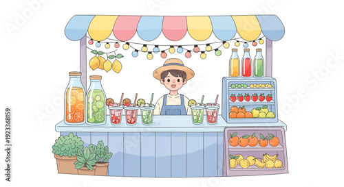 Woman serves fresh drinks and snacks at colorful outdoor food stand with fruits and plants