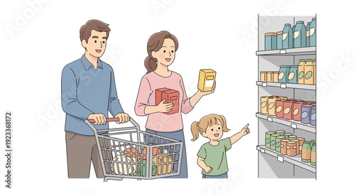 Happy family shopping together, browsing products on shelves, and checking items in a supermarket aisle with a shopping cart