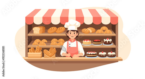 Man in apron selling pastries and bread at outdoor food stall with striped awning