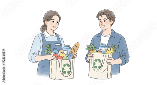 Couple holding reusable shopping bags with fresh produce and groceries, promoting eco-friendly lifestyle and sustainable living habits near store twenty