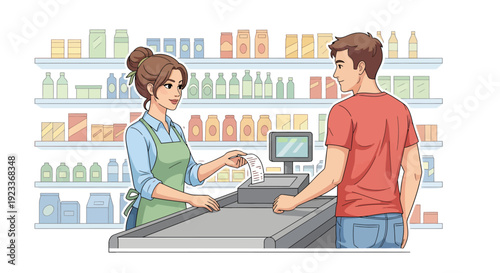A woman hands a receipt to a man at a grocery store checkout counter with shelves.