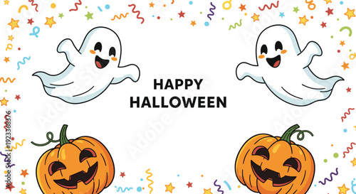 Happy Halloween celebration background featuring cute ghosts and carved pumpkins surrounded by colorful confetti and party streamers.