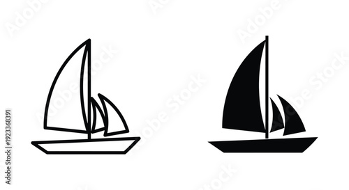Minimalist sailboat icon set featuring a black silhouette and a thin line outline version for nautical branding and maritime web design