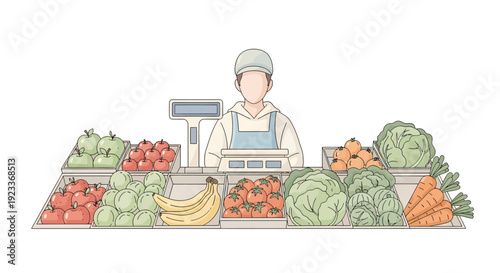 Illustration of a produce store worker standing behind a colorful fruit and vegetable display at Market
