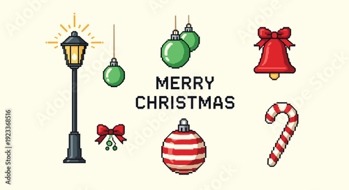 Pixel art set of Christmas decorations including a street lamp, ornaments, bell, and candy cane for retro-themed holiday designs.