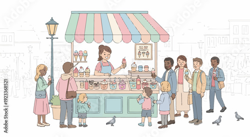 People gather around colorful food cart in city