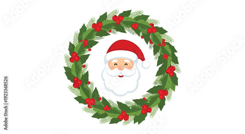 Santa Claus head portrait within a traditional Christmas holly wreath with red berries, creating a classic holiday emblem for greetings.