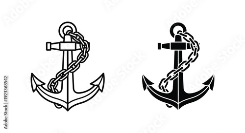 Set of nautical anchor icons with chains in outline and solid black silhouette styles for maritime branding and sailing design projects