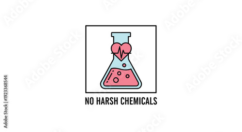 Colorful icon for products with no harsh chemicals, featuring a pink beaker and a heart to signify health and safety for users.
