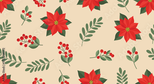 Seamless pattern of poinsettia flowers and red berries on a cream background, ideal for elegant winter holiday textiles and gift wraps.