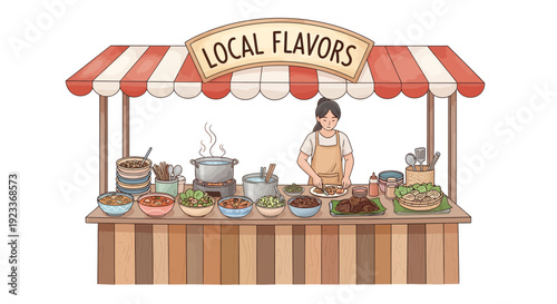 A woman prepares various dishes at a food stall labeled Local Flavors with options.