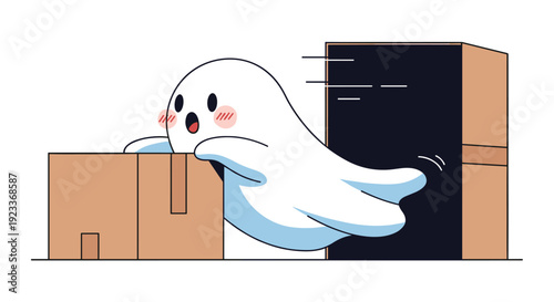 Cute ghost peeking out of a cardboard box with a surprised expression, representing moving house, deliveries, or fun hide and seek.