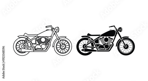 Vintage cruiser motorcycle vector icons featuring outline and silhouette styles for custom bike shop branding, biker club logos, and automotive graphic design.