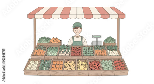 Farmer selling fresh produce at outdoor market stall with colorful vegetables on display