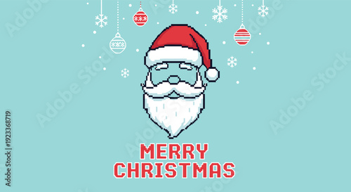 Retro pixel art santa claus face with ornaments and snowflakes on light blue background, including a bold merry christmas text.