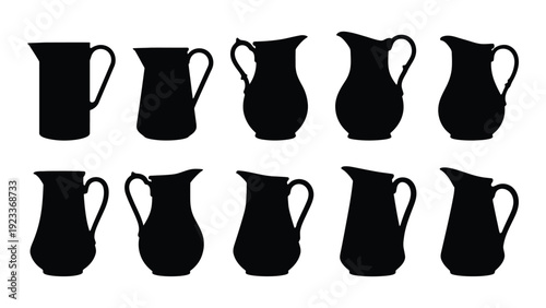 A group of eight black silhouettes of jugs isolated on white background, Vector