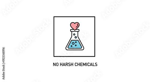 No harsh chemicals laboratory beaker icon with a heart symbol, emphasizing safe non-toxic ingredients in products and healthy choices.