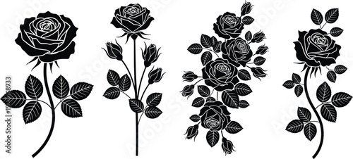 Black rose flower silhouette collection isolated on white background, elegant floral botanical vector set for wedding invitations and nature design (exactly 21 words).