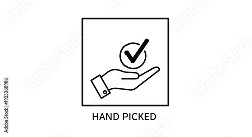 Hand picked quality assurance icon showing a human hand holding a check mark, representing carefully selected premium products or services.