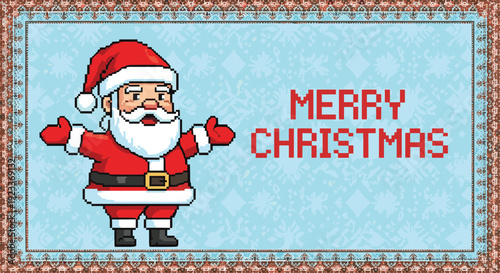 Joyful pixel art santa claus character with open arms on a decorative blue background, featuring a pixelated merry christmas text.