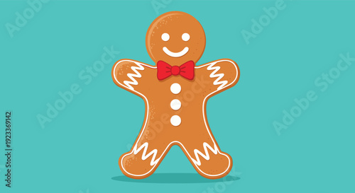 Smiling gingerbread man cookie with white icing details and a bright red bow tie, isolated on a solid teal background for the holidays.