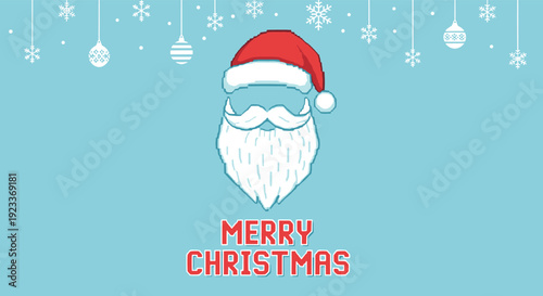 Minimalist pixel art santa claus beard and hat on a light blue background with ornaments, accompanied by a merry christmas message.